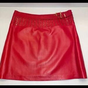 🦄💃🌹 Cache Size 10 Red Leather Waistbandless Short Skirt Back Zip Waist 32”
